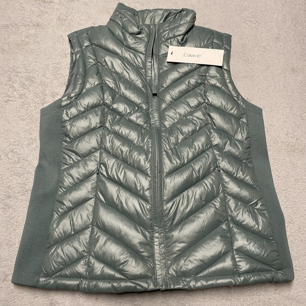 Calvin‎ Klein Puffer Vest Womens Small Autumn Green Insulated Quilted Zip NEW